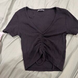 Zara Black Ribbed V-Neck Ruched Crop Top